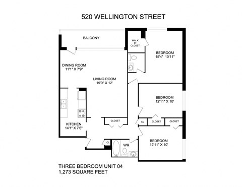 Floor plan for 3 beds, 2 baths, 1273 sqft
